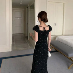 Cyflymder  Fashionable Square Collar Drawstring Bow Long Dress Female Clothing Polka Dot Summer New French Style Flying Sleeve Slim Dresses