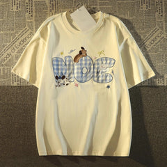 Cyflymder   American Sle Plaid Embroidery Dog Pure Cotton ort Sve T-irt Women Summer Loose Korean Lazy Sle INS Age Reduction