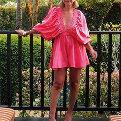 Cyflymder  Women Playsuit y2k Clothes Solid Color/Plaid Print V Neck Bubble Sleeve High Waist Short Jumpsuit Romper Streetwear