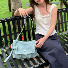 Cyflymder  Vintage Light Blue Denim Messenger Bag Women Stitching Large Capacity Flap Tote Bag Ladies Daily Casual Versatile Crossbody Bag