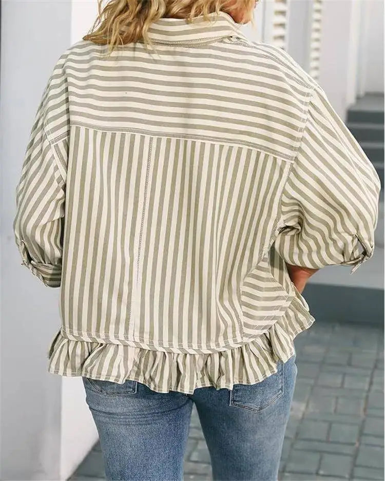 Cyflymder  Casual Stripe irt Women's Summer Top Button down ort Sve Gathered Hem Bubble Sve Polyester Fiber Commute Sleeve
