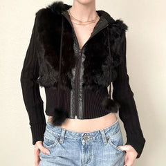 Cyflymder trashy outfits Fake fur Collar Warm Spring Rabbit Fur Coat Female Fur Knitted Jacket Outwear Fashion Long Sleeve Hooed Coats Cardigans