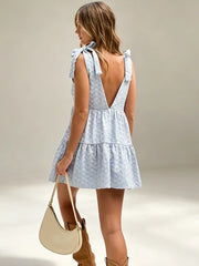 Cyflymder  Gingham Floral Print Mini Dress Women Deep V Neck Open Back Tie Bow Straps A-Line Skirt Lady's Vacation Layer Ruffle Hem Frock