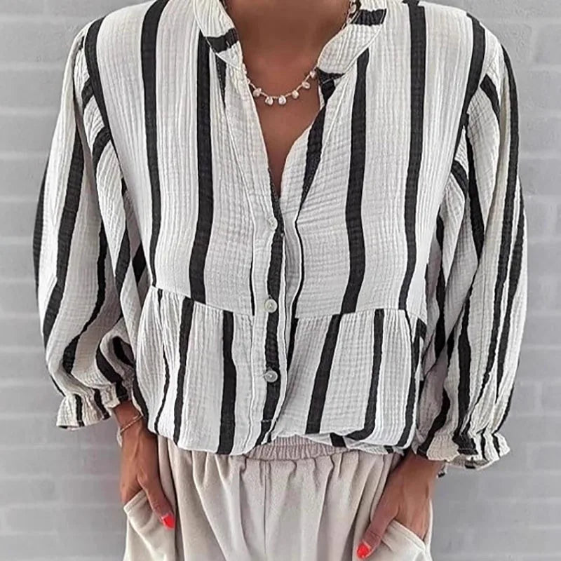 Cyflymder  Streetwear Fashion Striped Print Women Blouses 2025 Spring V Neck Button Top Pullover Autumn Puff Long Sleeve Loose Shirt Blusas