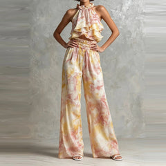 Cyflymder  Elegant Pattern Print Wide Leg Pant Loose 2Pc Sets Ruffled Edge Holiday Outfits Sexy Halter Neck Top & Wide Leg Pant Women Suit