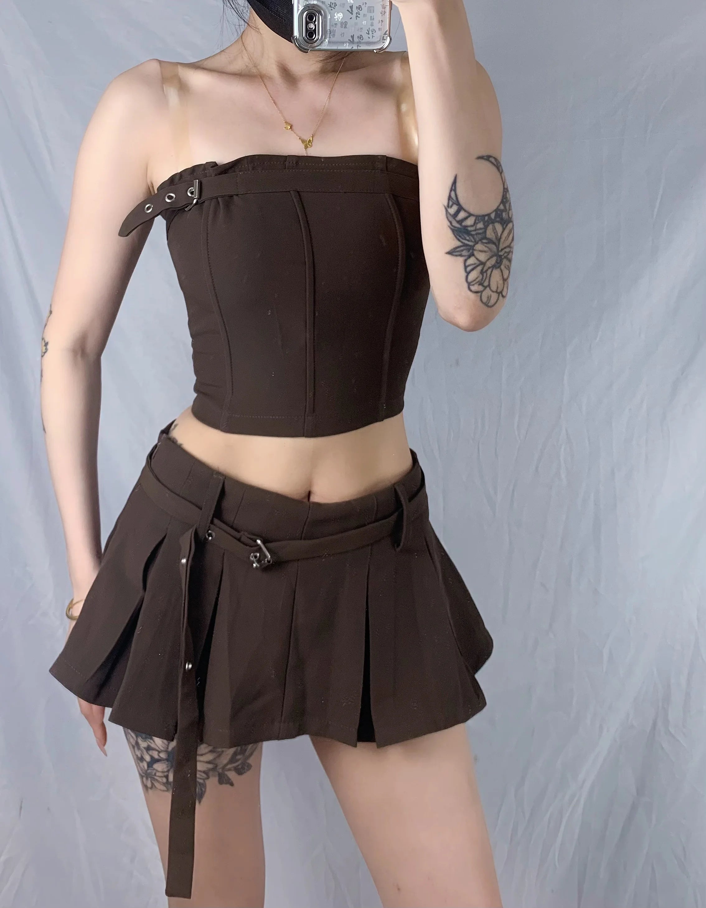 Cyflymder  Retro American Hot Girl Slim Fit Strapl Cinched Waist  A-Line Skirt SetWith Se Inner ortigh Waist Street