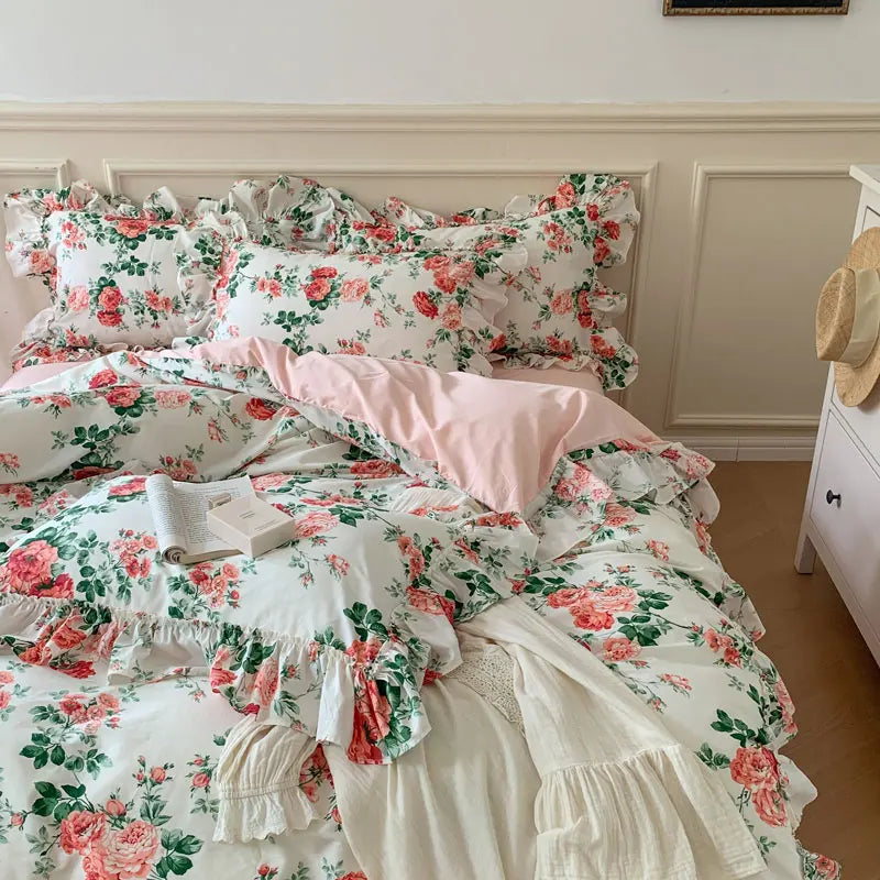 Cyflymder  French Vintage Bed Skirt Bedding Set 100% Cotton Rose Print Linen Set Lace Ruffles Duvet Cover Bed Sheet Fitted Sheet Pillowcase