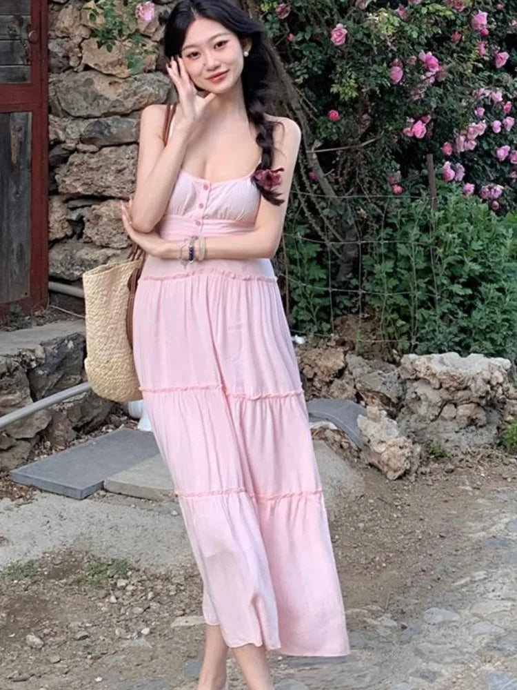 Cyflymder  Pink Summer Sexy Long Dress Women Fashion High Waist Sleeveless Solid Straps Dress Casual Elegant Party  Lady Dresses