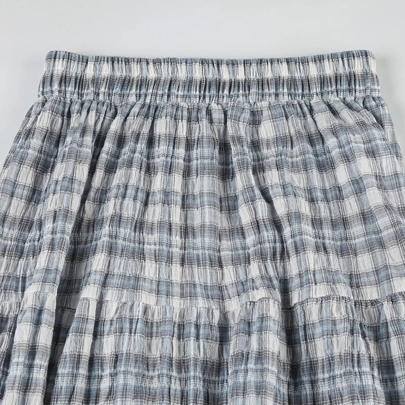 Cyflymder  Casual Sweet Plaid A-Line Skirts Holiday Mid-Waisted Maxi Skirts Women 2025 Summer Fashion Streetwear Preppy Style Lady