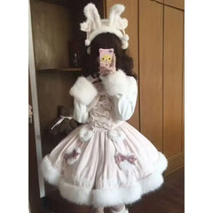 Cyflymder  Japanese Sweet Lolita Style 2 Piece Set Women Kawai Bow Bunny Hooded Cloak Coat Pink Plush Party Mini Dress Korean Y2k Cute Suit