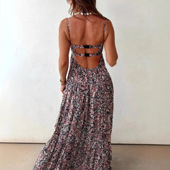 Cyflymder  Women Elegant Floral Print Sling Dress Sexy Off Shoulder Backless Long Pleated Party Dress Fashion Hight Waist Swing Bohe Dress