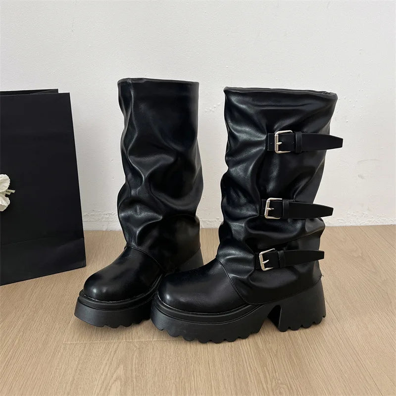 Cyflymder  Punk Style Women Knee-High Boots Square High Heels Shoes Female Belt Buckle Long Booties Autumn Winter Zapatos De Mujer