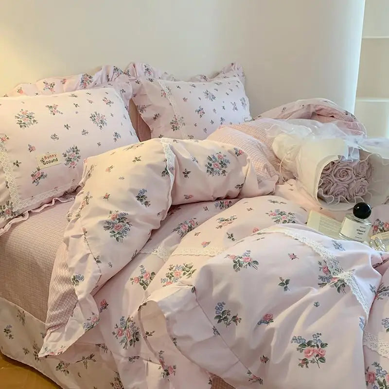 Cyflymder  100% Cotton Spring Garden Flowers Botanical Chic Ruffles Soft Comfortable Double Queen (1Duvet Cover+1Bed Sheet+2Pillowcases)