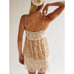 Cyflymder【New style】Women's Summer Loose Casual V-Neck Suspender Lace Patchwork Printed Mini Fress For Daily Streetwear