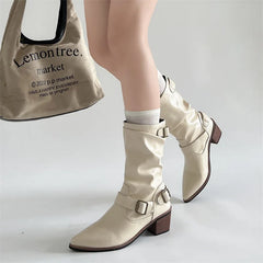 Cyflymder  Autumn Winter Women Western Cowboy Boots Vintage Slip On Thick Heel Shoes Ladies Mid Calf Botas Zapatos De Mujer