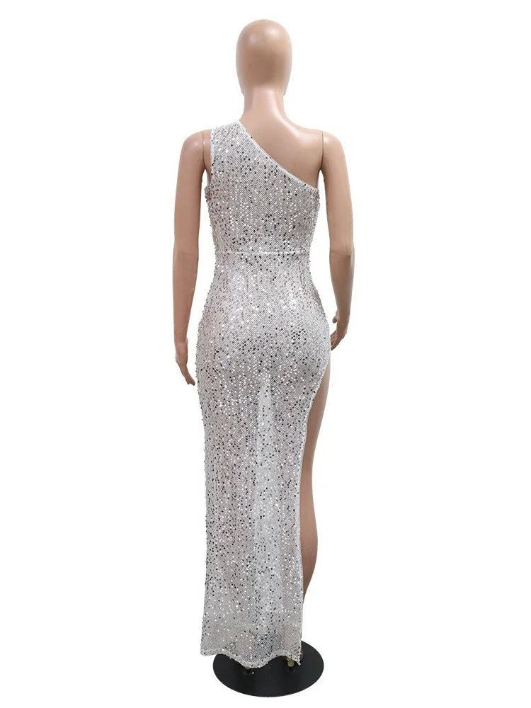 Cyflymder  Dresses for Women Clothing Wholesale Single Sleeve Long Dress with Sequins Deep V Neckline and Body Hugging