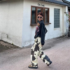 Cyflymder  Women High Waisted Straight Leg Pants Vintage Streetwear Casual Trousers with Cow Print Tie Dye Pattern