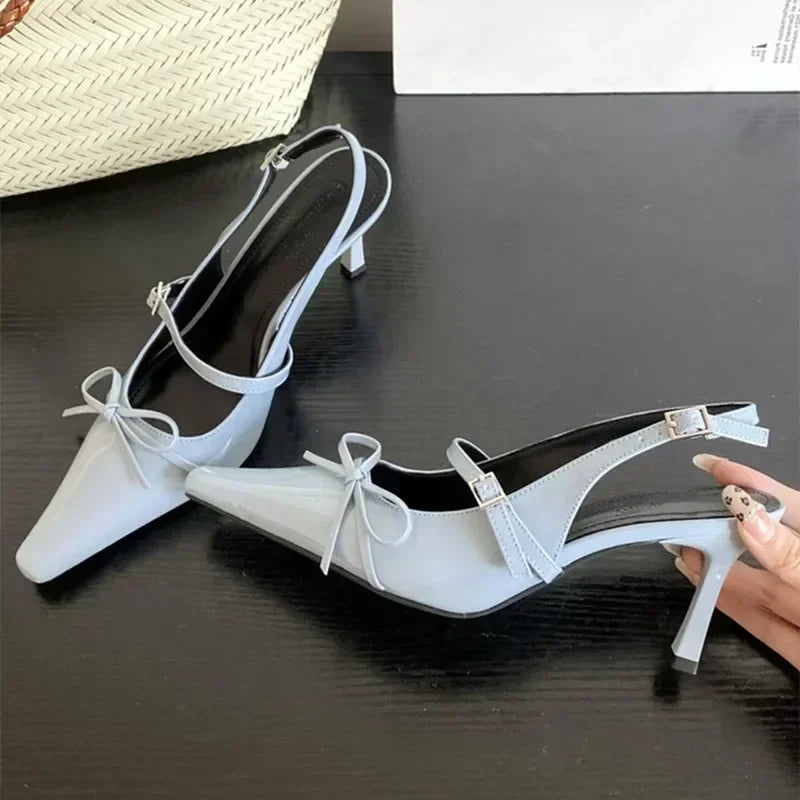 Cyflymder  Blue Patent Leather  Women Sexy Pointy Toe Bow Decorated Heeled Sandals Summer Elegant Slingbacks Dress  Pumps