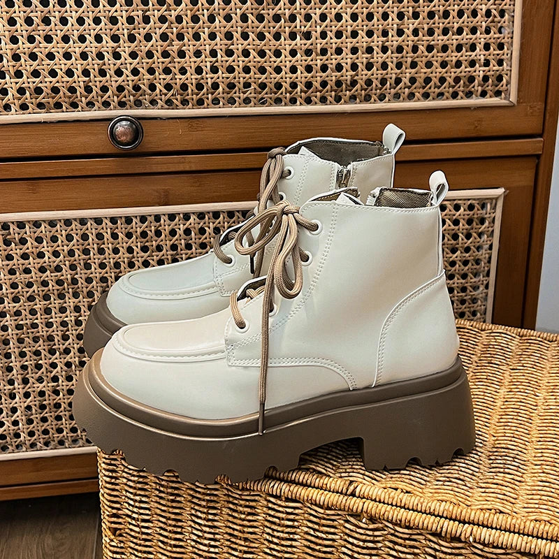 Cyflymder  Platform Thick Bottom Warm Short Plush Women Motorcycle Boots Fashion Lace Up Shoes Autumn Winter Female Short Booties