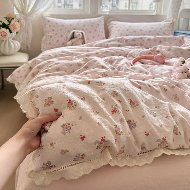 Cyflymder  Korean Style Girly Heart Floral Double Layer Gauze Four-Piece Set Princess Style Lace Trim Quilt Cover Bed Sheet Dormitory