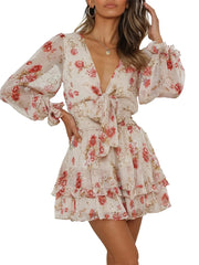 Cyflymder  Women Spring Casual Mini Dress Floral Print Deep V-Neck Tie-Up Long Sleeve Sweet Dress Fashion Ruffles Dress