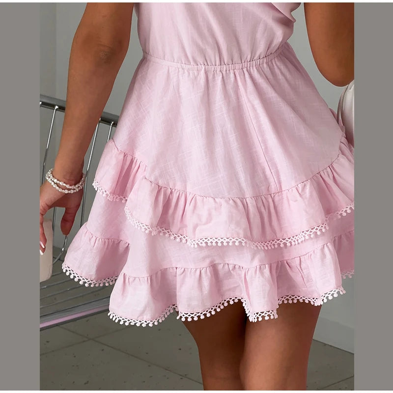 Cyflymder  Sexy Multi-layer Ruffles Backless Puffy Dress Women Sleeveless High Waist Strap A-line Solid Dresses 2025 Summer Street Vacation