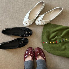 Cyflymder  Bordered Rivets Pumps Bows Leather  Round Toe Flat with Slip-On Fashion Concise Sweet Sexy Luxury Women Outdoor Shoes New