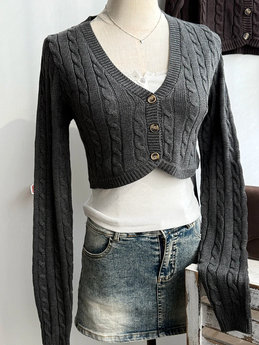 Cyflymder  Brown Cropped Knitwear Women Cotton Twisted Flower V-neck Long Sleeve Slim Crop Tops Sweater Vintage Chic Sweater Cardigan Y2K