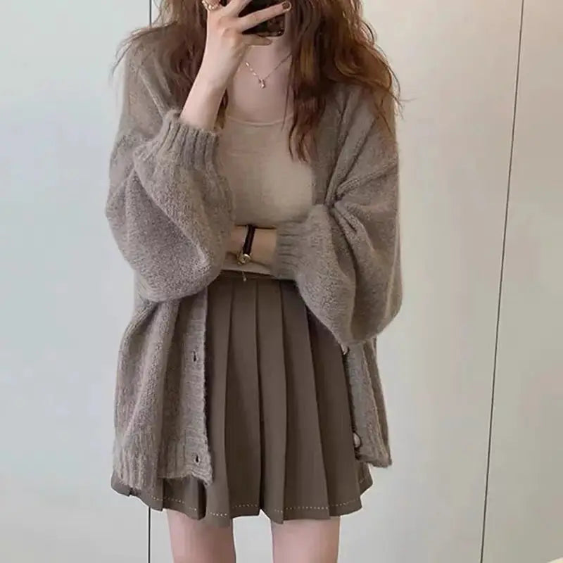 Cyflymder Korean Large Lazy Style Coffee Color Sweater Knitted Loose Cardigan Women's Autumn/Winter Outerwear Thin Coat