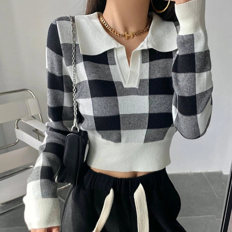 Cyflymder Autumn Winter Vintage Knitwear Crop Tops Women Pullover Sweaters Fashion Female Long Sleeve Elastic Casual Plaid Knitted Shirts
