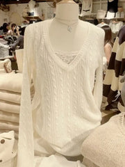 Cyflymder  Twisted Flower Thin Knitted Sweater Women Spring Beige Raw Hem V-Neck Long Sleeve Jumpers Sweet Cute Preppy Style Sweater Top