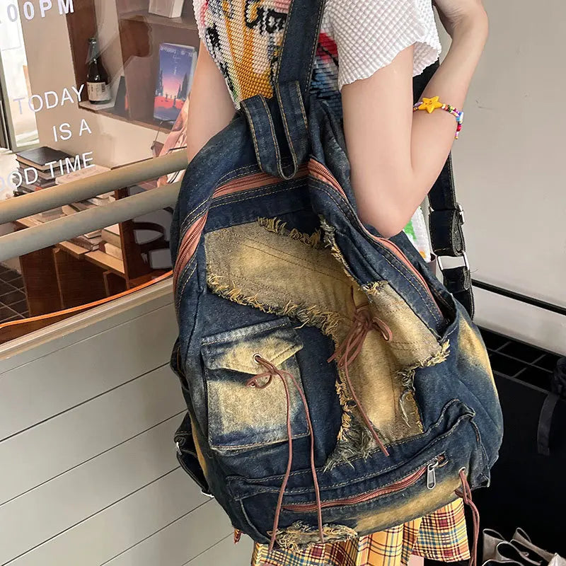 Cyflymder Washed Denim Womens backpack Large Capacity y2k Hot Fashion Designer big Travel Bag Girl Daypack bagpack casual commuter bag