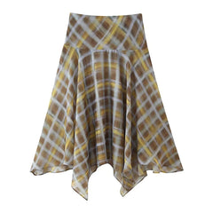 Cyflymder  Women New Design Asymmetric Hem A-line Mid-rise Plaid Midi Skirts Thin faldas mujer