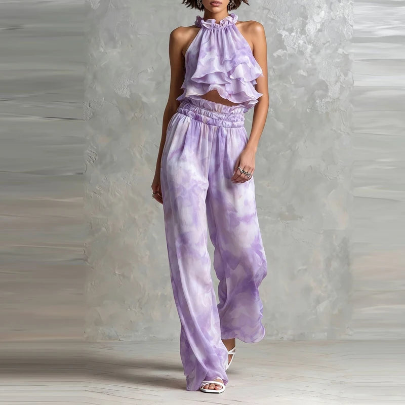 Cyflymder  Elegant Pattern Print Wide Leg Pant Loose 2Pc Sets Ruffled Edge Holiday Outfits Sexy Halter Neck Top & Wide Leg Pant Women Suit