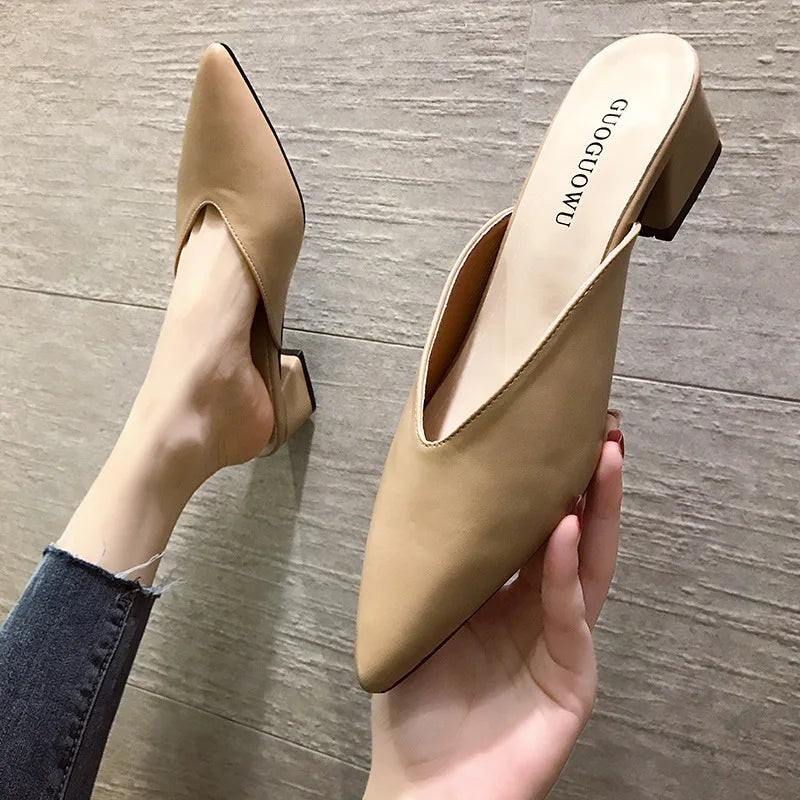 Cyflymder Women's High Heels Comfortable Soft Leather Shoes Office Low Heel Pointed Toe Mules Shoes Mary Jane Shoes Wedges Shoes for Women