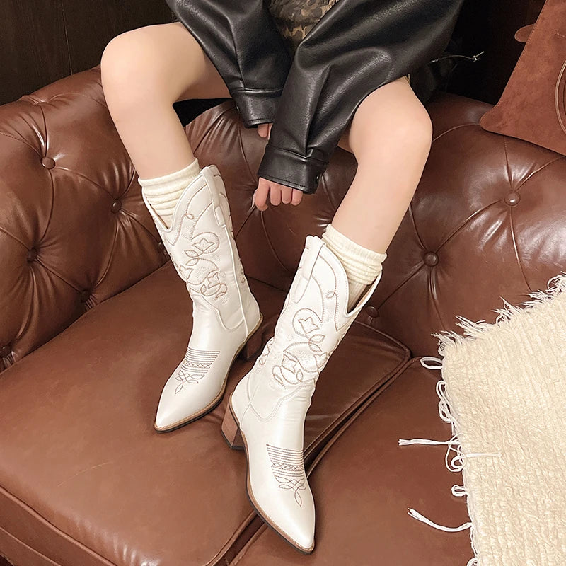 Cyflymder  Autumn Winter Vintage Women Western Cowboy Boots Fashion Slip On Thick Heel Shoes Embroidery Knight Mid Calf Botas