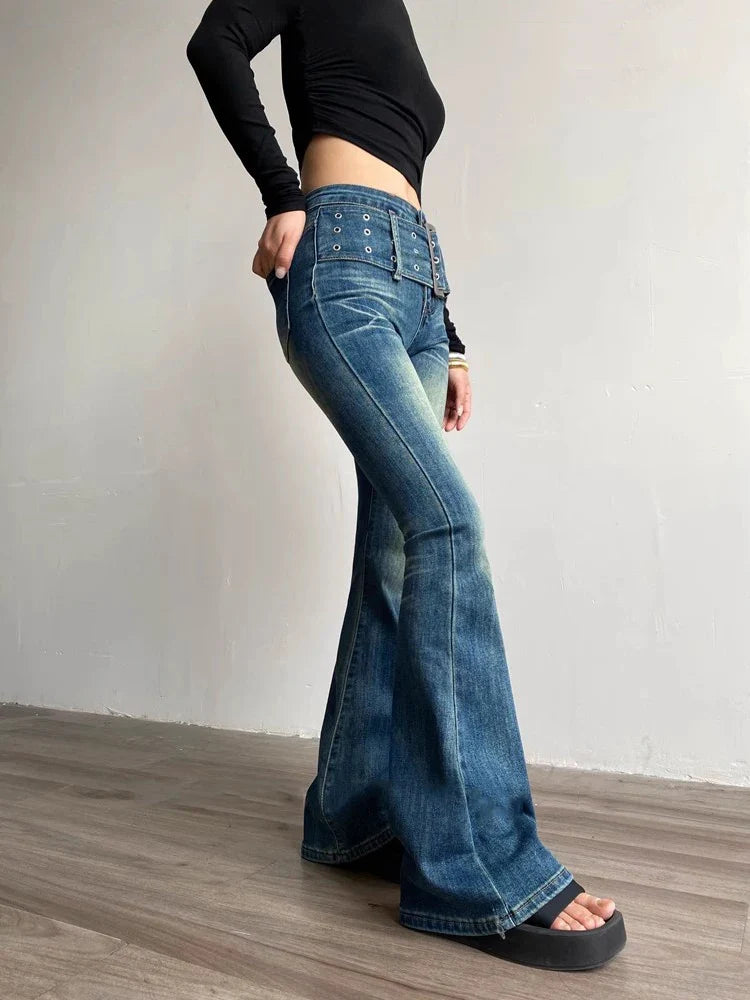 Cyflymder 90s Retro Black Blue Belt Flare Jeans for Women Distressed Bootcut Pants High Waist Slim Fit Bell Bottoms Y2k Trousers