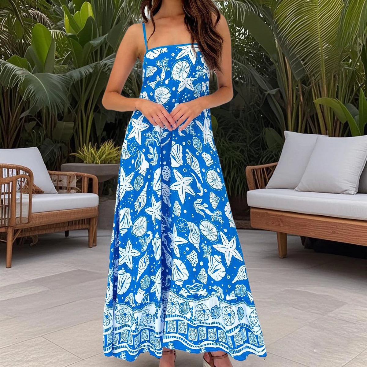 Cyflymder  Women s Elegant Floral Print Sleeveless Maxi Dress with Adjustable Spaghetti Straps and A-Line Silhouette for Summer Beach