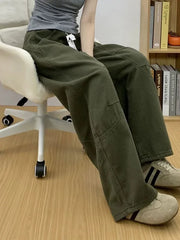 Cyflymder  Y2K Curved Knife Pants Women Military Green American Workwear Denim Wide Leg Loose Fit High Street Autumn Relaxation