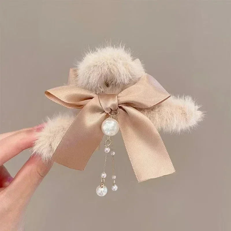 Cyflymder cute winter outfits New Fashion Bow Tassel Pendant Hair Clips Korea Ponytail Plush Shark Claw Girls Fall and Winter Gift Hair Accessories