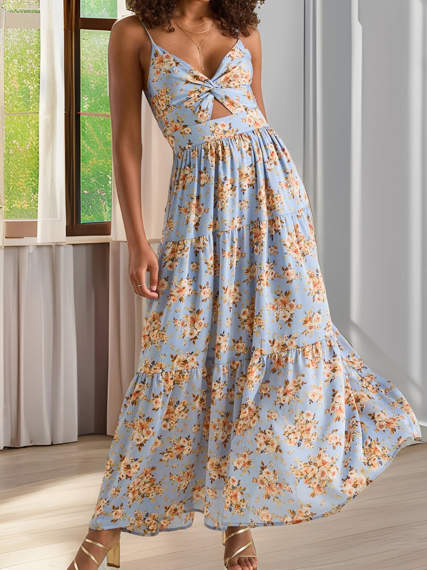 Cyflymder  Elegant Lace Sleeveless V-neck Maxi Dress with Floral Print Perfect for Summer Cocktail Parties and Events