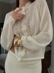 Cyflymder  Knitwear Commuting Round-Neck Sweater Cardigan Women Hollowed Out Pleats Solid Cropped Outwear Knit Female Cardigan Top