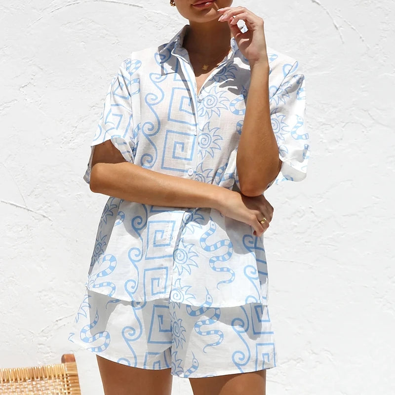 Cyflymder  Boho Beach Style 2 Piece Outfits Fashion Printed Short Sleeve Button Up Blouse Tops + Shorts Set Women Lounge Matching Beachwear