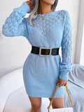 Cyflymder Hollow Out Long Sleeve Casual Knitted Sweater Dress Women Autumn Winter Clothes Without Belt
