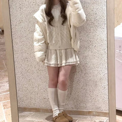 Cyflymder  Cute Knitted Skirts for Sweet Girls Double Layered Hollow Out Elastic Waist White Mini Skirt