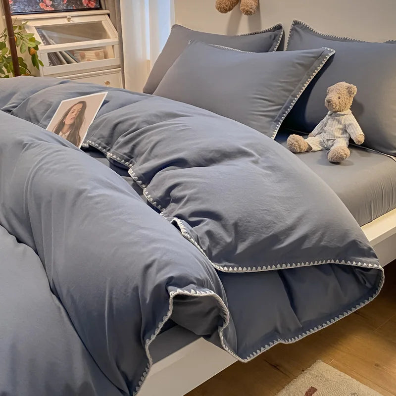 Cyflymder  Solid Color Bedding Set with Shell Edges Skin Friendly Simple Soft Duvet Cover Kit Cozy Fitted Sheet Set for Autumn Winter