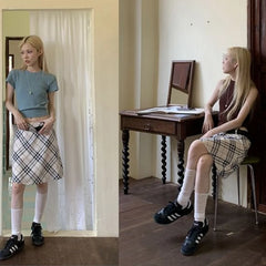 Cyflymder  Vintage Style Harajuku French High Street Skirts Simple Constrast Color Plaid Design Slim Mid Length Bottom Y2k Korean Skirts