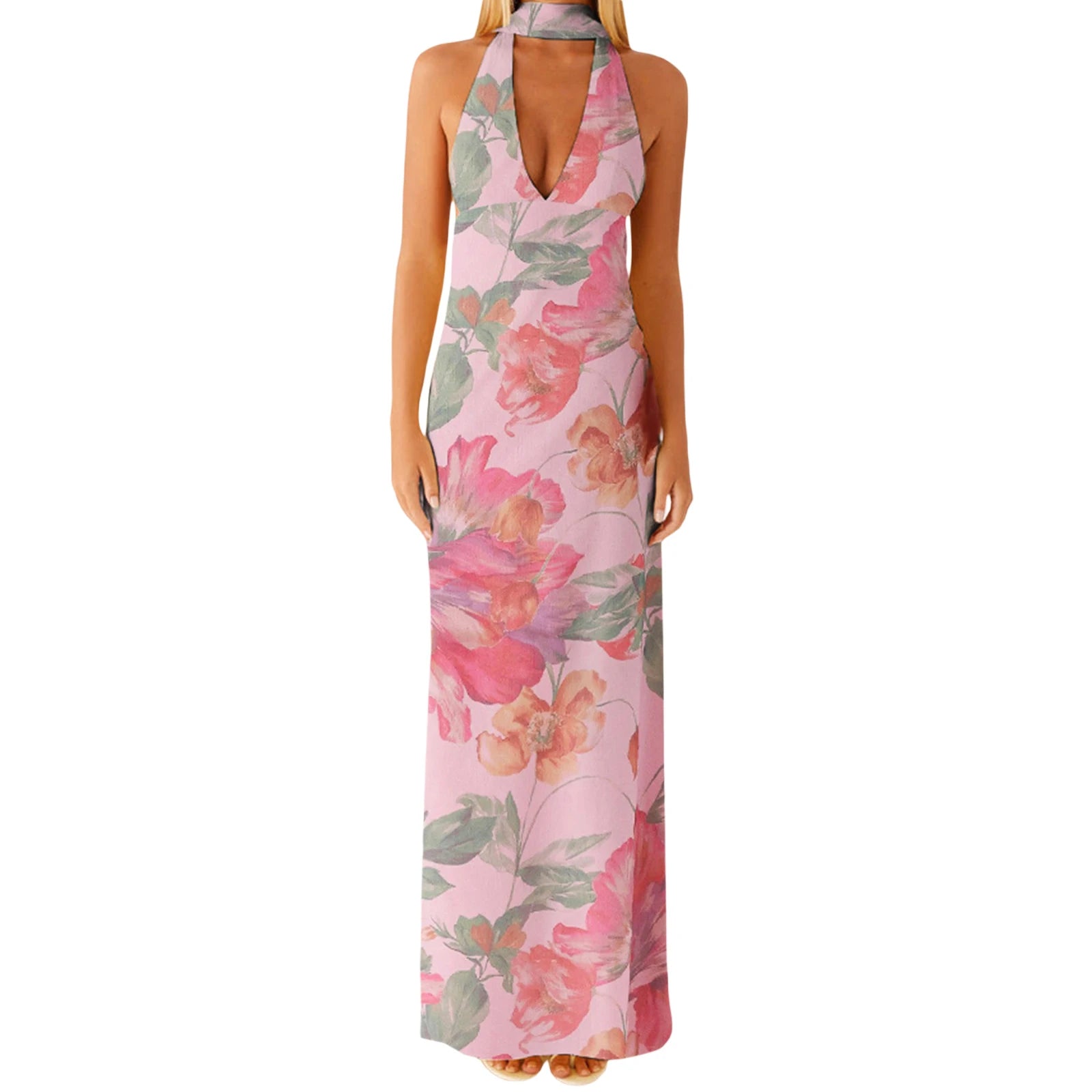 Cyflymder  Elegant Maxi Dress with Boho Floral Print and Halter Neckline Sexy Backless V-Neck Sleeveless Dress for Summer Beach Party
