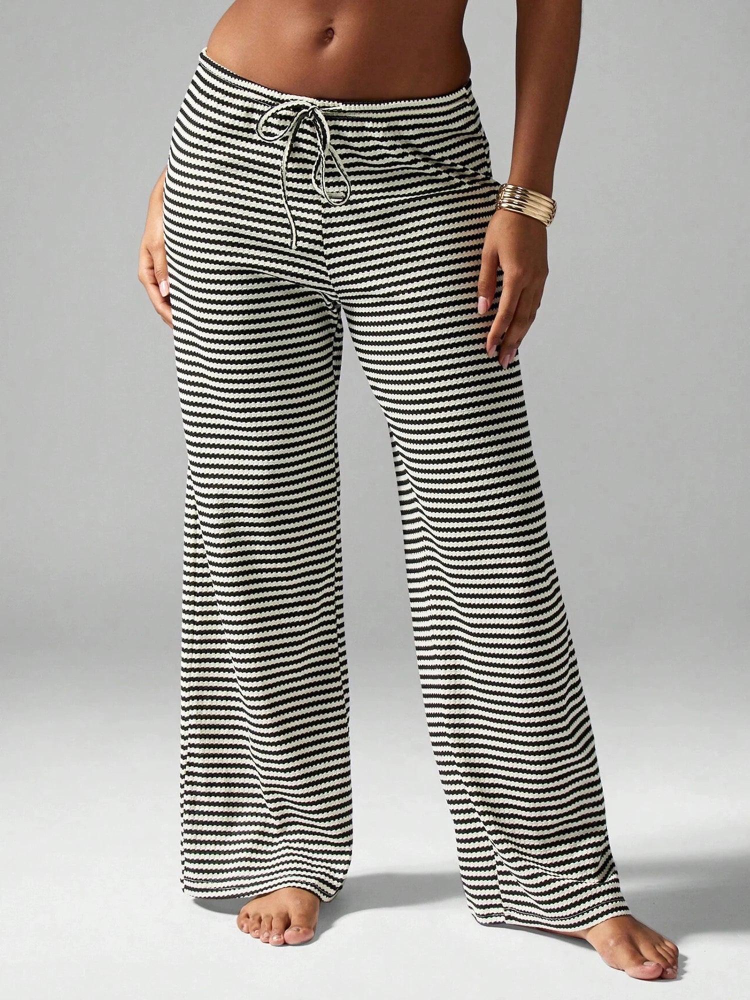 Cyflymder  Stylish Women s Striped Trousers with Drawstring Waistband Loose Fit and Low Rise - Versatile Casual Pants for Any Occasion