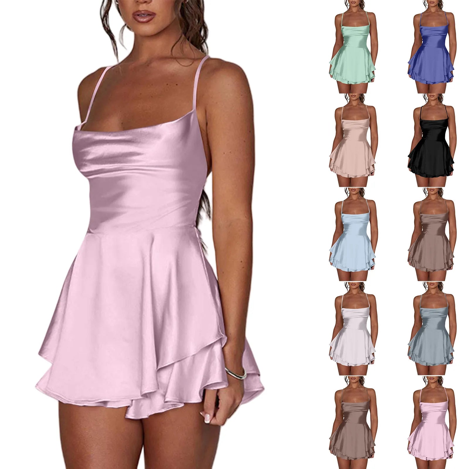 Cyflymder  Ladies' Silk And Satin Elegant Sexy Slim Beautiful Backless Short Dress Cowl Neck Cross Spaghetti Strap Party Pleated Mini Skirt
